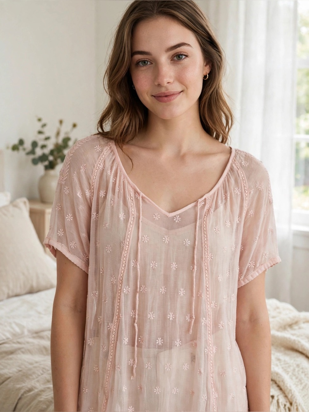 Goldleaf Blush Pink Sheer Daisy Embroidered Coquette Top Tie Neck L
